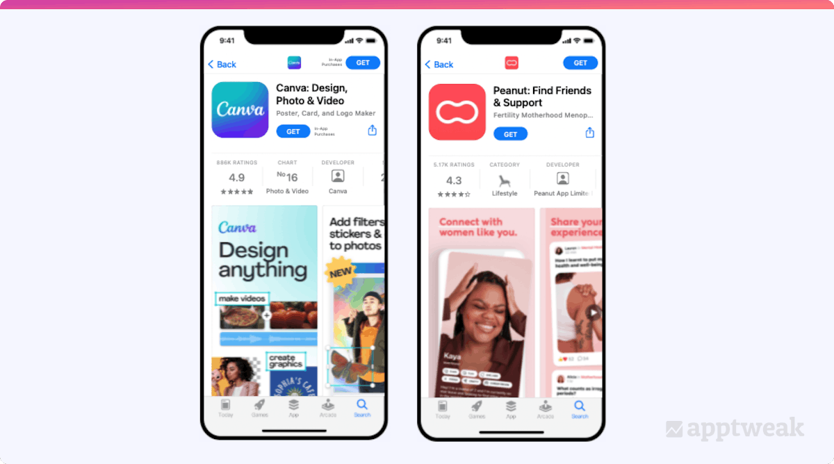 Canva and Peanut’s App Store product pages